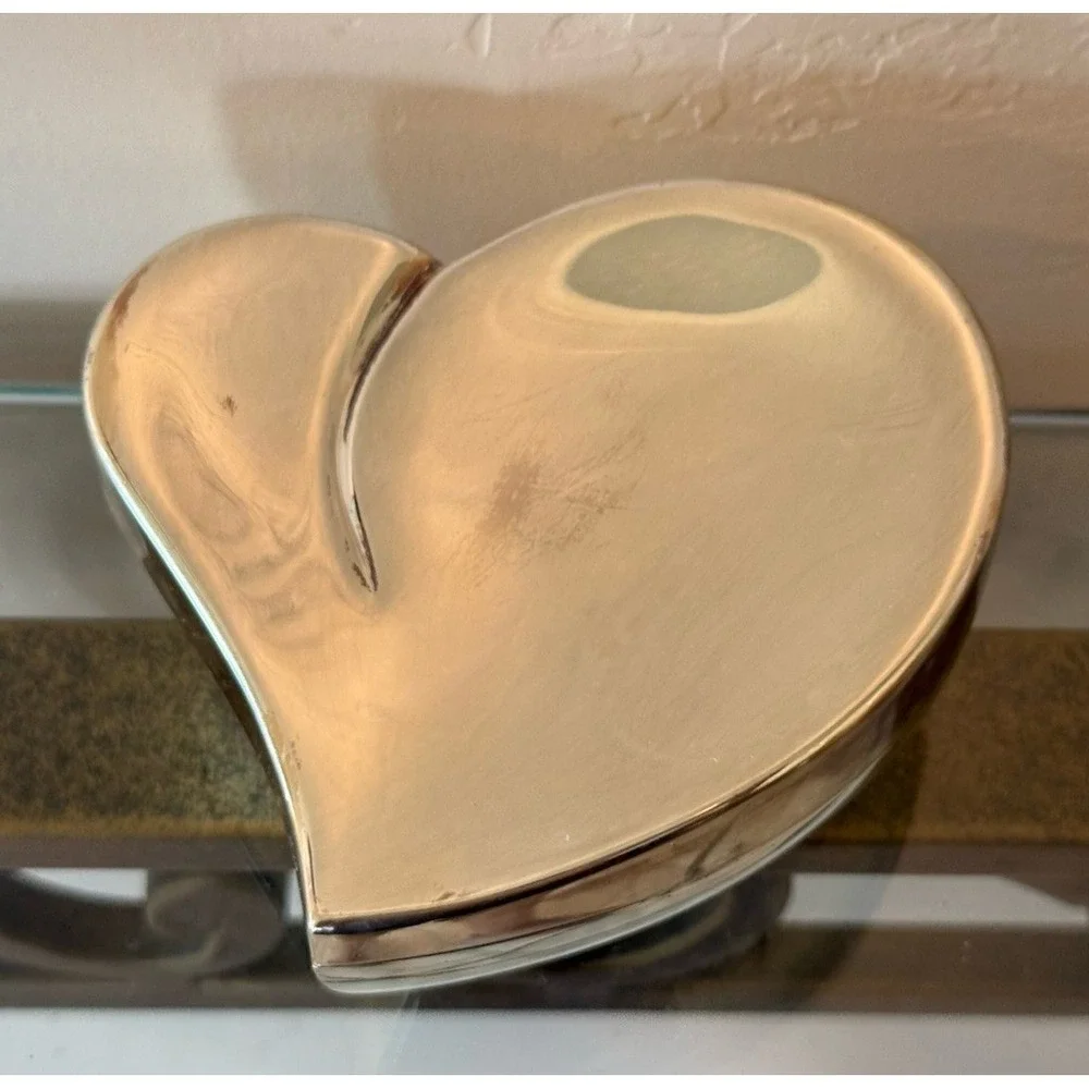 Vintage Polished Silver tone Mid Century Heart Trinket Box Black Velvet Lining